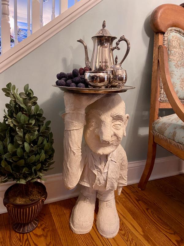 Allen Sangree and his wife Allison have named their whimsical English butler Charles Cobbsworth III, after Allen’s grandfather. Allen created the butler with paper mâché and clay.